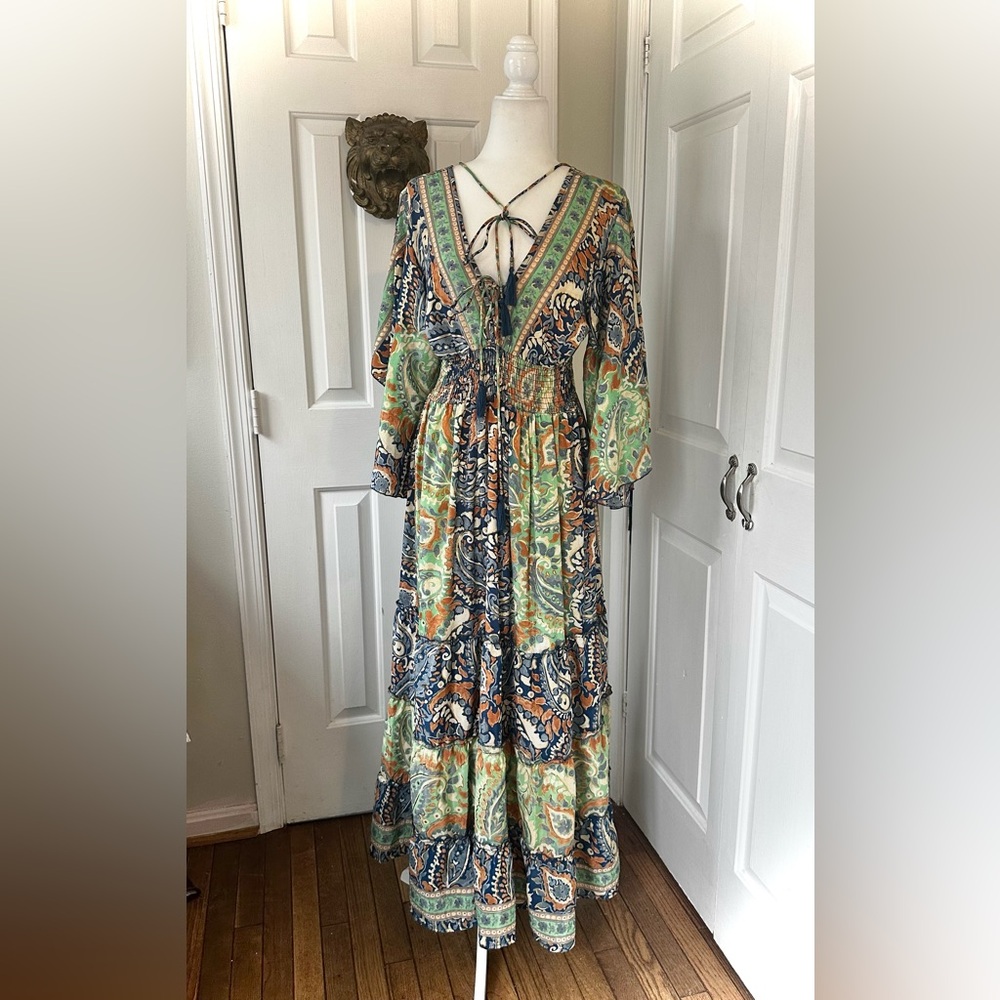 Me 2 Magic Exotic Paisley Deep V-Neck Tassel Tie Tiered Maxi Skirt Boho Dress